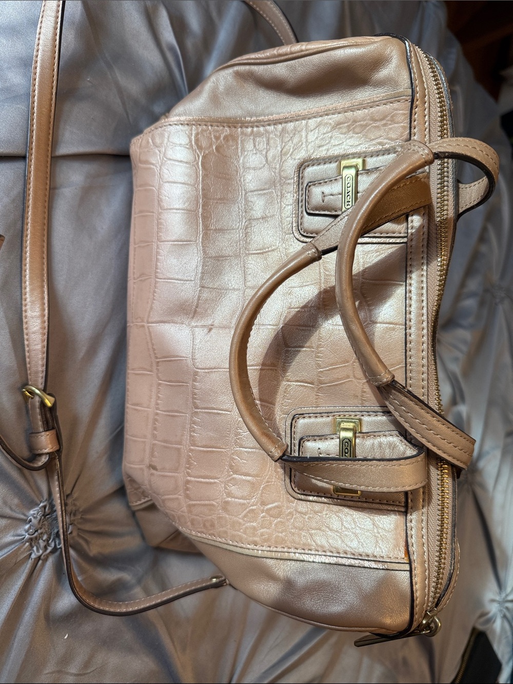 Coach Croc-Embossed Leather Satchel in Taupe Brown